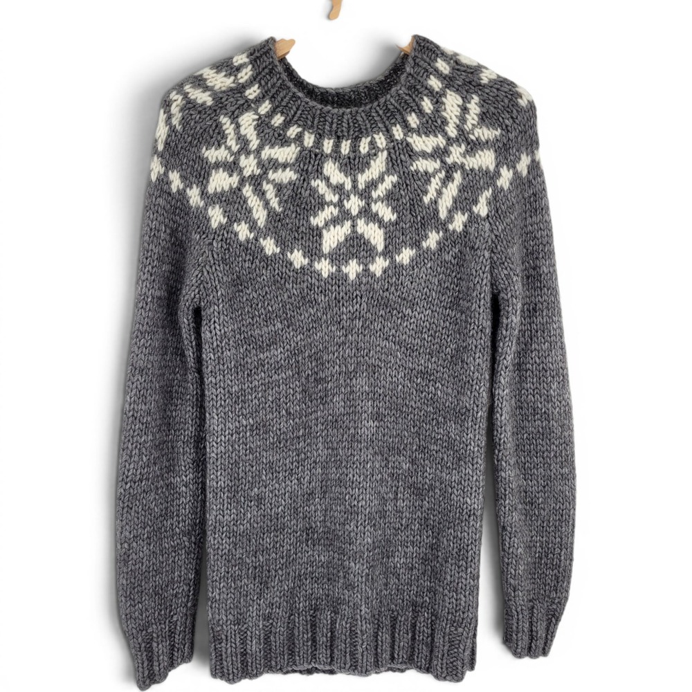 J Crew Handknit Fair Isle Sweater Women Large Gray Wool Alpaca Nordic Hygge
